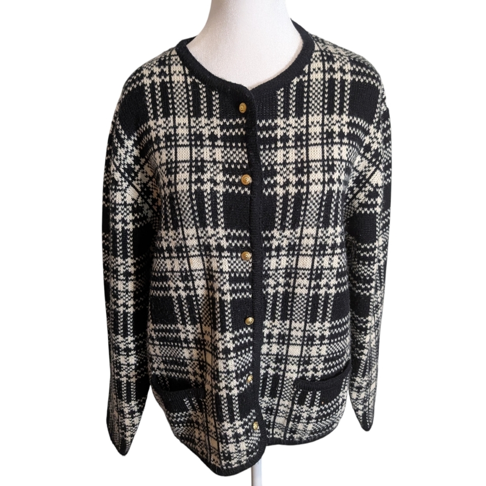 Vintage Crystal Kobe Plaid Cardigan Sweater, Size Large‎ Black/White & Pockets